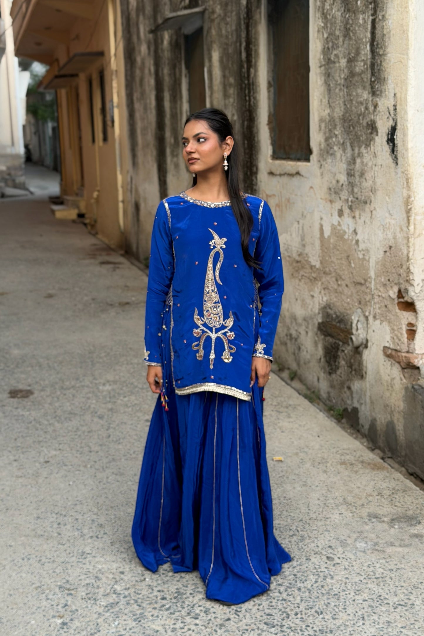 Aari Medallion Kurti & Sharara Set — Zardozi & Pitta Hand-Embroidered Natural Crepe Three-Piece Suit in Cobalt Blue