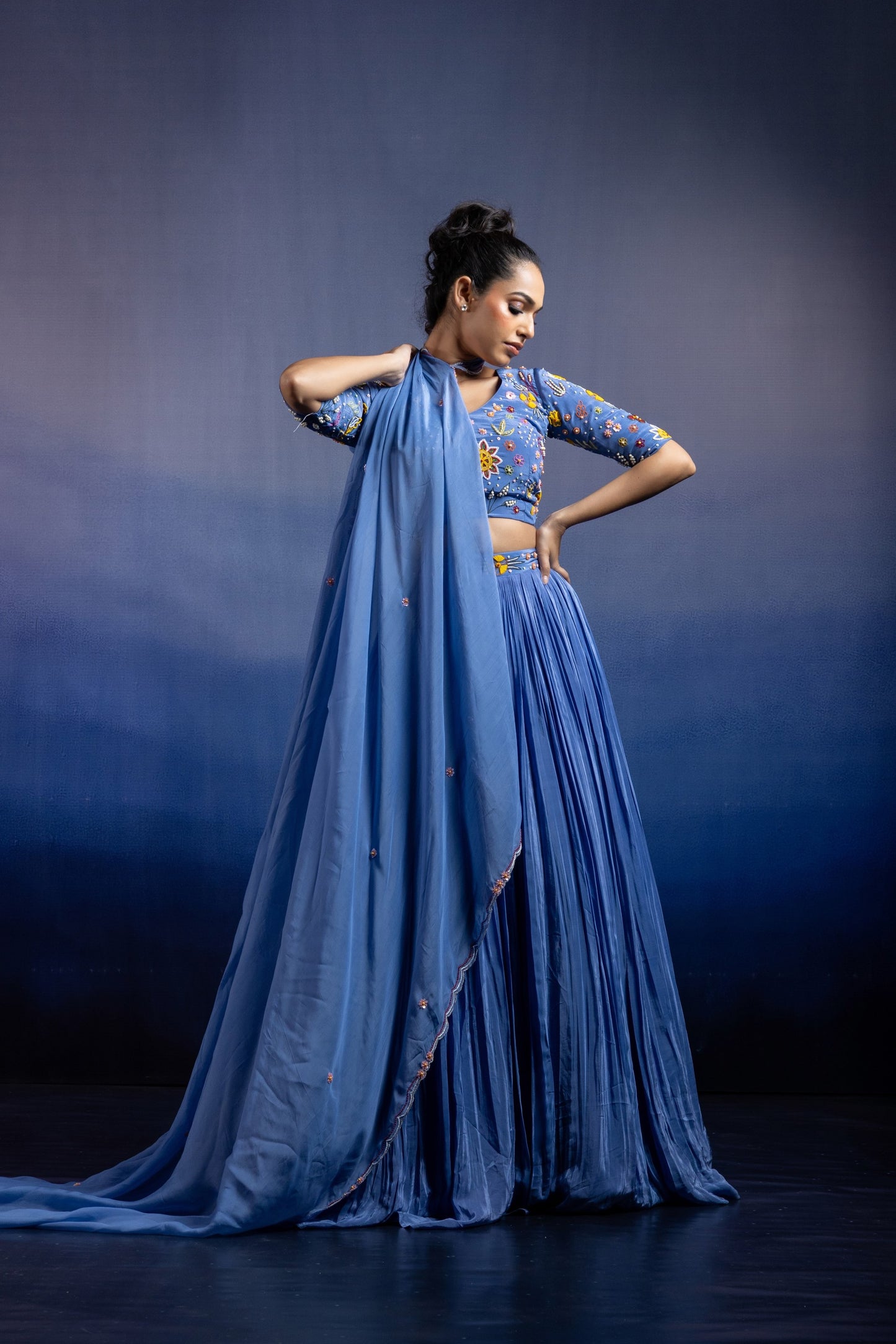 Blue Crepe Pleated Lehenga — Multicolour Beadwork Blouse with Scalloped Organza Dupatta