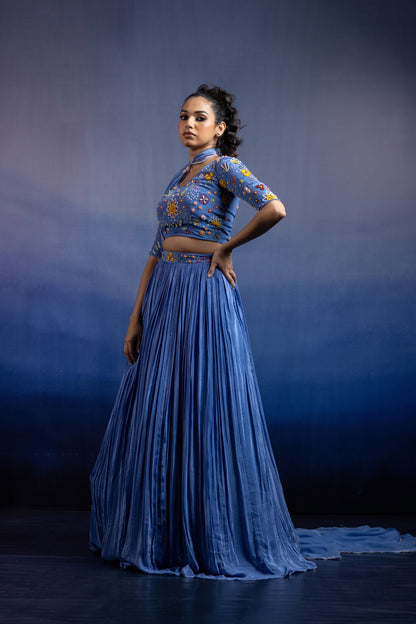 Blue Crepe Pleated Lehenga — Multicolour Beadwork Blouse with Scalloped Organza Dupatta