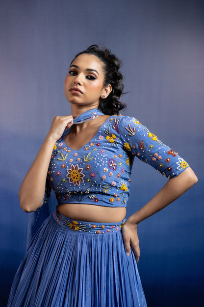 Blue Crepe Pleated Lehenga — Multicolour Beadwork Blouse with Scalloped Organza Dupatta