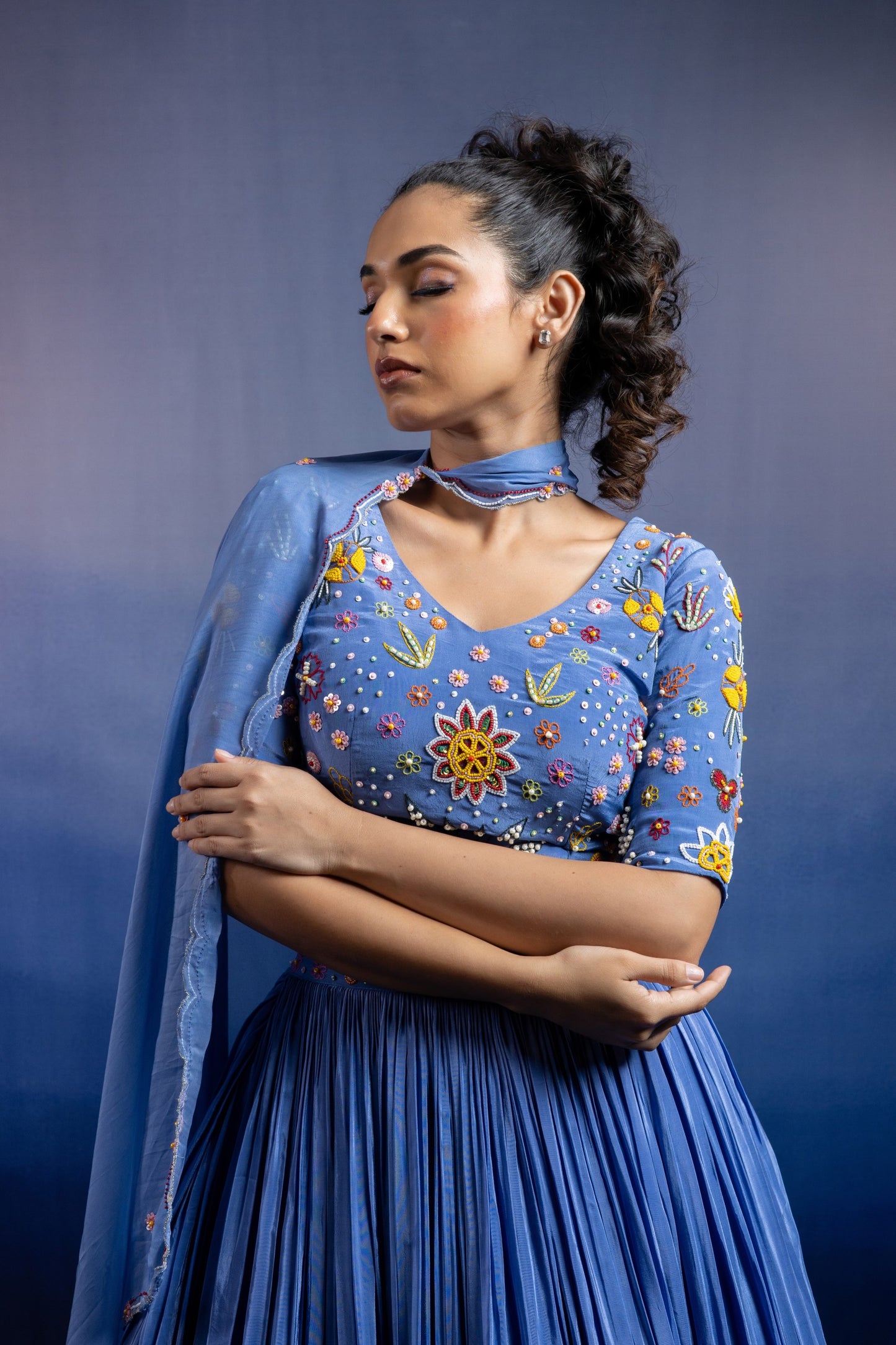 Blue Crepe Pleated Lehenga — Multicolour Beadwork Blouse with Scalloped Organza Dupatta
