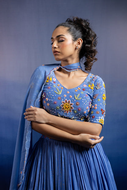 Blue Crepe Pleated Lehenga — Multicolour Beadwork Blouse with Scalloped Organza Dupatta