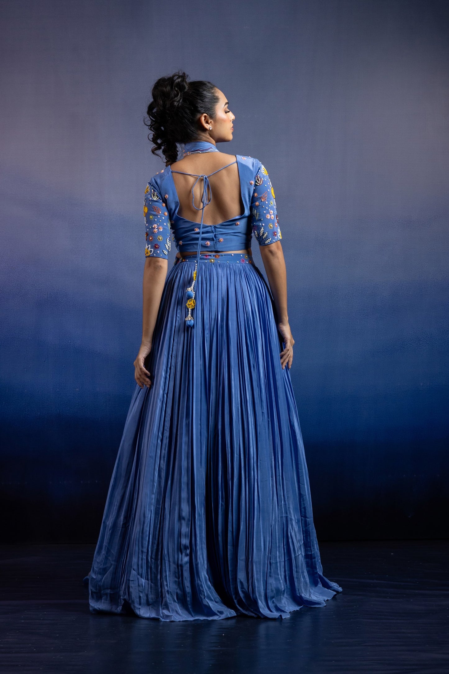 Blue Crepe Pleated Lehenga — Multicolour Beadwork Blouse with Scalloped Organza Dupatta