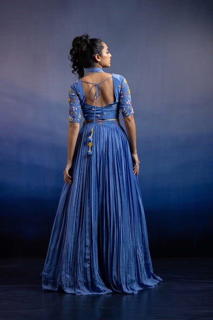 Blue Crepe Pleated Lehenga — Multicolour Beadwork Blouse with Scalloped Organza Dupatta