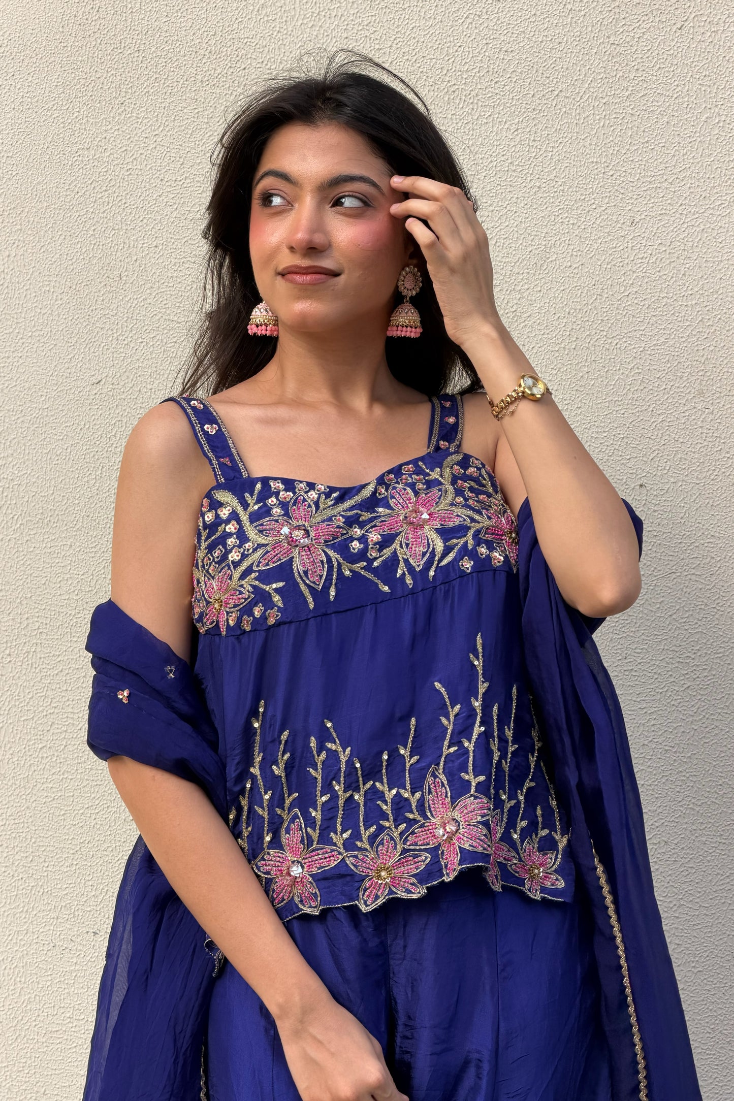 Strappy Top & Palazzo Set — Hand-Embroidered Uppada Silk Three-Piece Outfit in Royal Indigo Blue