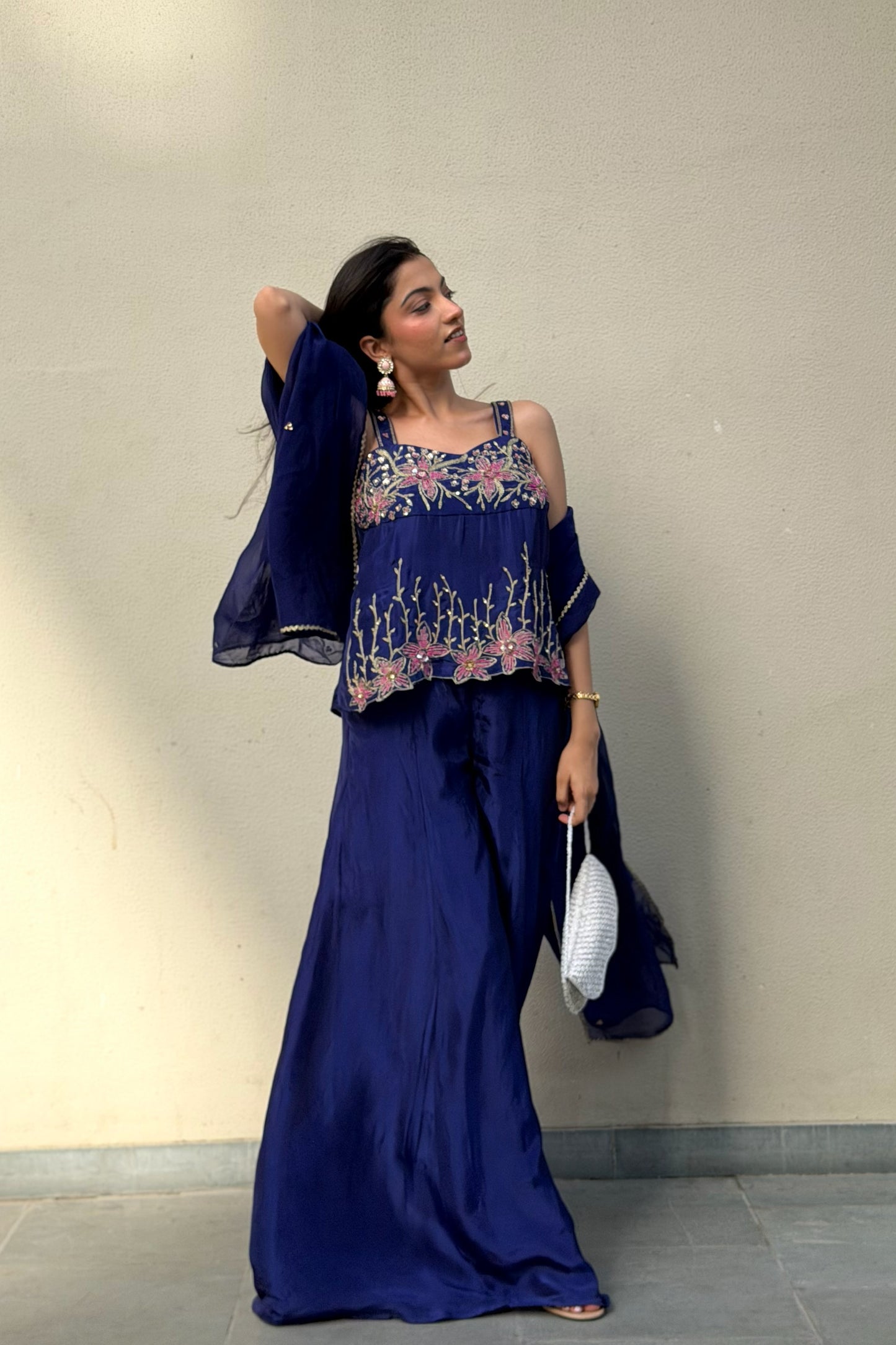 Strappy Top & Palazzo Set — Hand-Embroidered Uppada Silk Three-Piece Outfit in Royal Indigo Blue