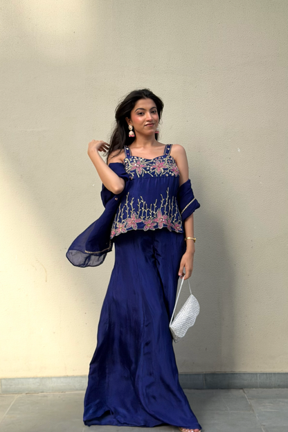 Strappy Top & Palazzo Set — Hand-Embroidered Uppada Silk Three-Piece Outfit in Royal Indigo Blue