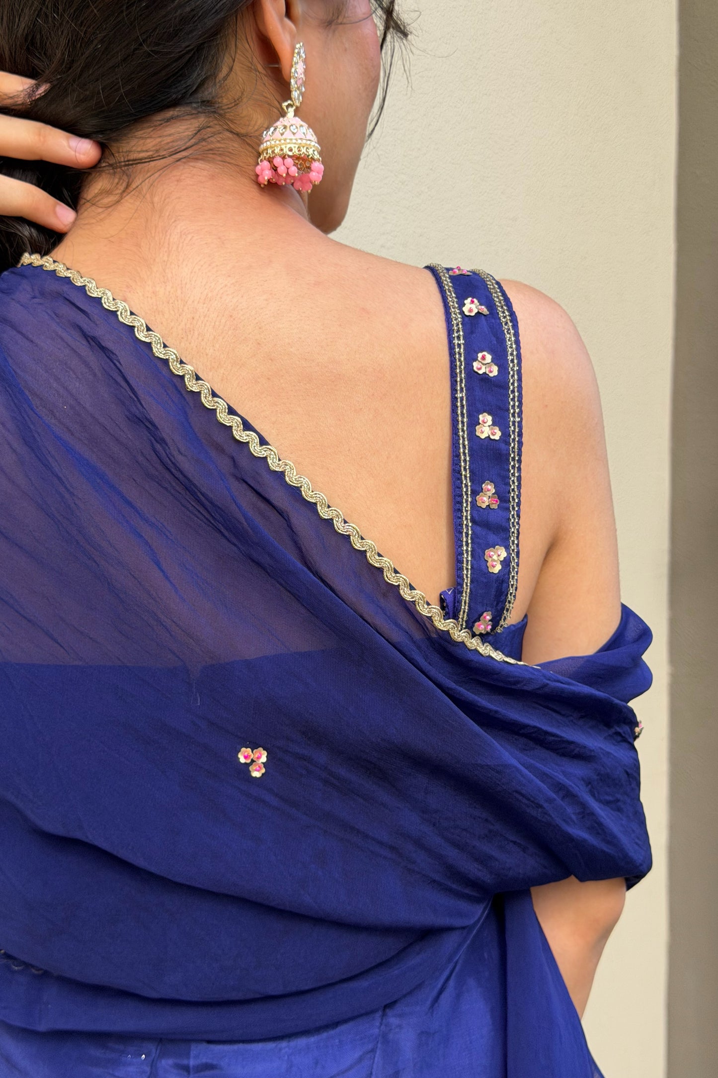 Strappy Top & Palazzo Set — Hand-Embroidered Uppada Silk Three-Piece Outfit in Royal Indigo Blue