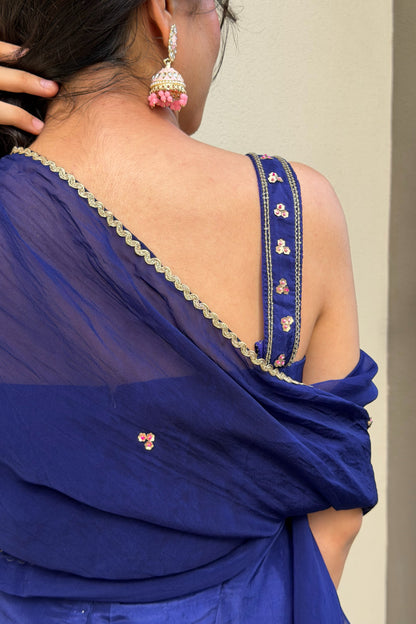 Strappy Top & Palazzo Set — Hand-Embroidered Uppada Silk Three-Piece Outfit in Royal Indigo Blue