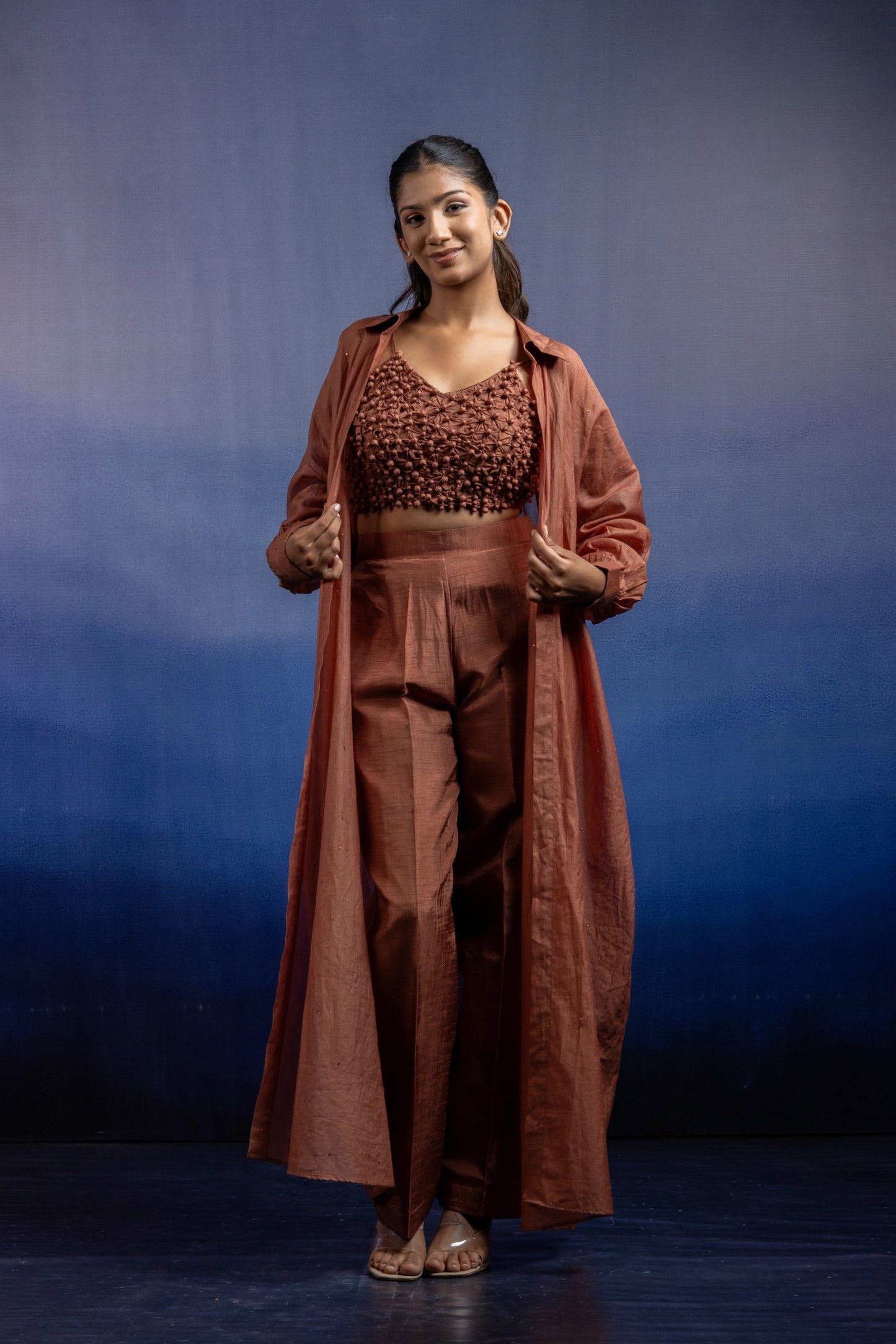 Earthy Brown Silk Co-ord Set — Fabric Manipulation Bustier with Chanderi Mukesh Shrug