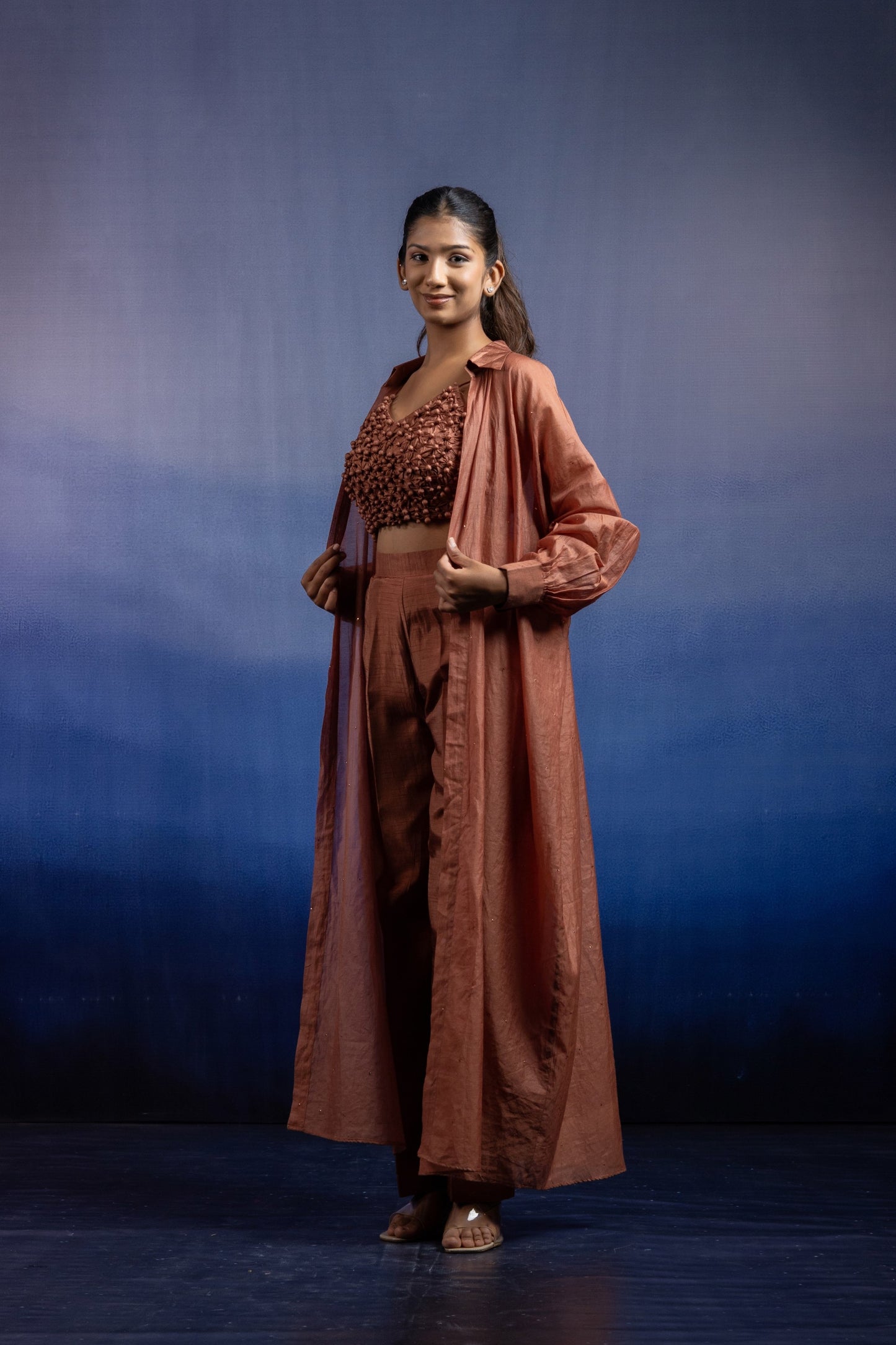 Earthy Brown Silk Co-ord Set — Fabric Manipulation Bustier with Chanderi Mukesh Shrug
