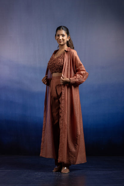 Earthy Brown Silk Co-ord Set — Fabric Manipulation Bustier with Chanderi Mukesh Shrug