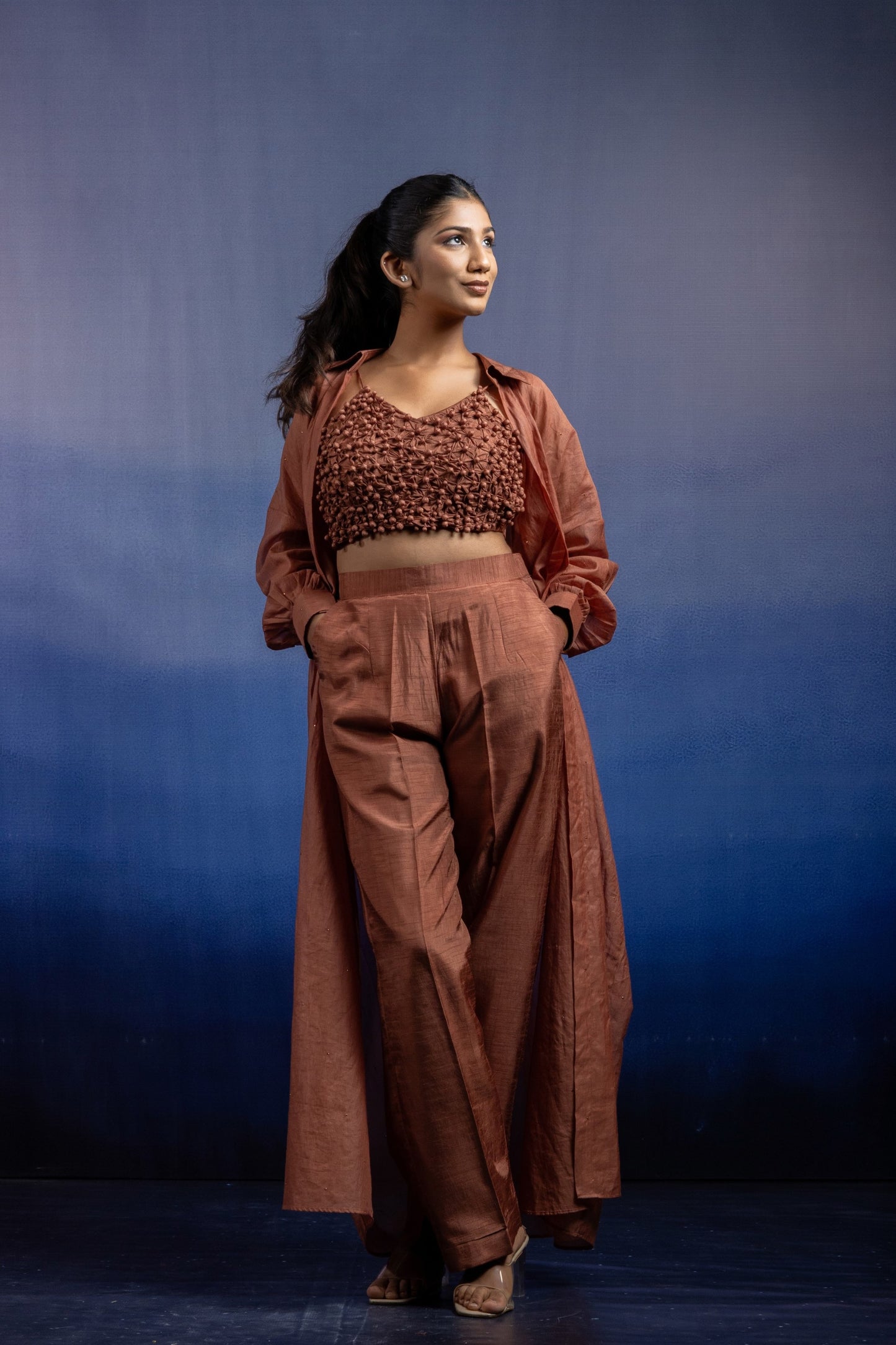 Earthy Brown Silk Co-ord Set — Fabric Manipulation Bustier with Chanderi Mukesh Shrug