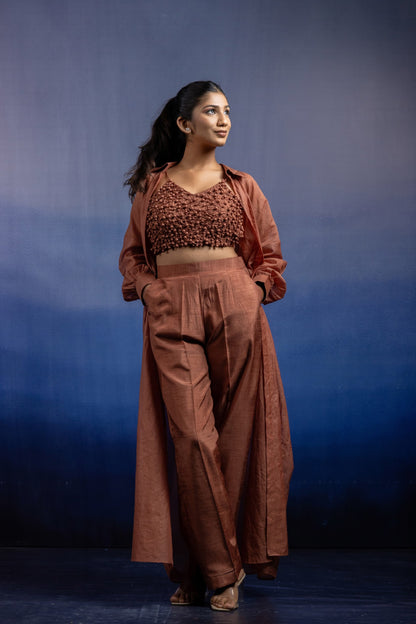 Earthy Brown Silk Co-ord Set — Fabric Manipulation Bustier with Chanderi Mukesh Shrug