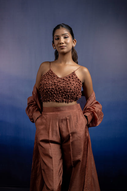 Earthy Brown Silk Co-ord Set — Fabric Manipulation Bustier with Chanderi Mukesh Shrug
