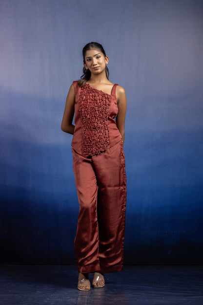 Rust Hand-Knotted Fabric Manipulation Co-Ord Set