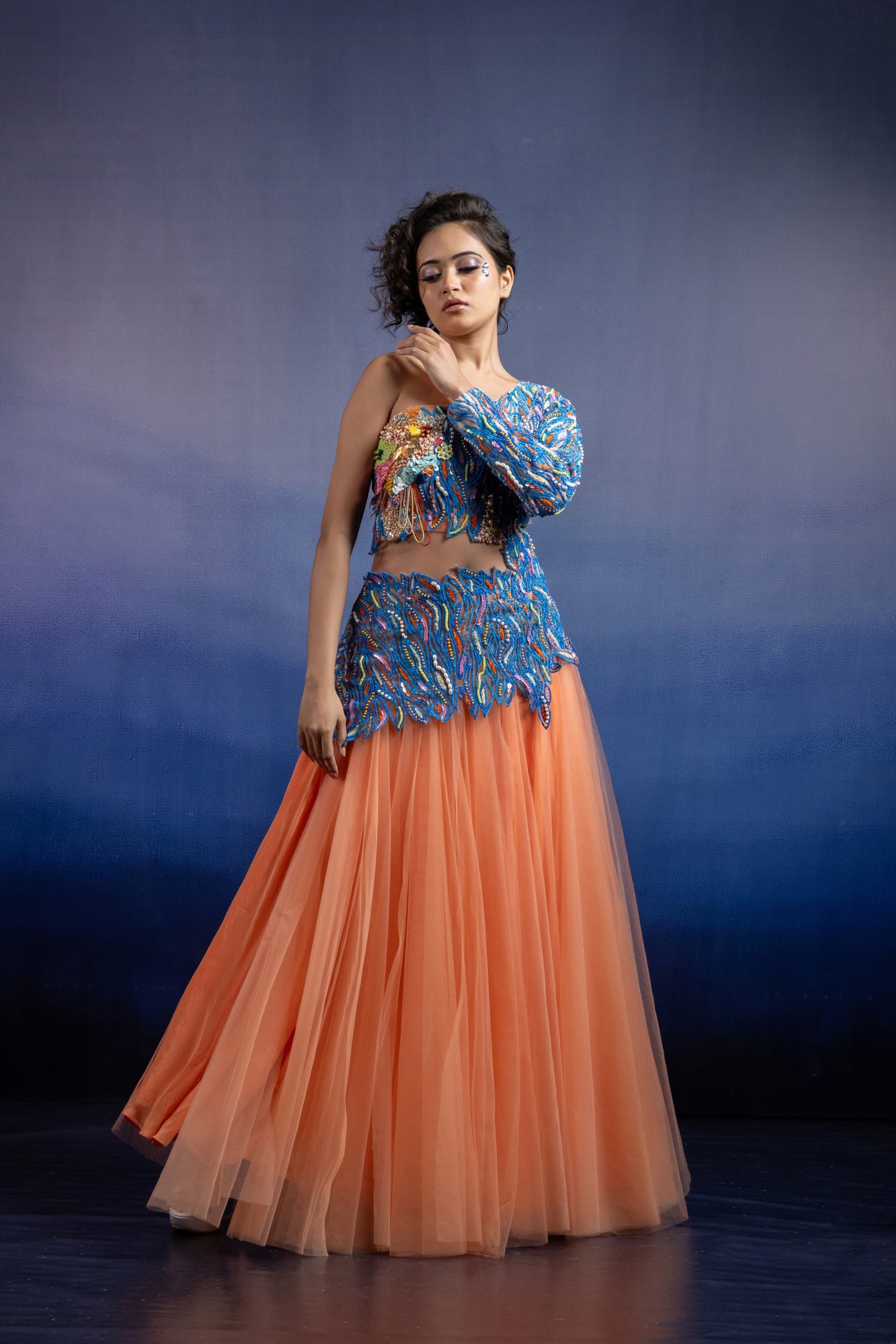 Peach One Shoulder Lehenga Set with Cerulean Hand Embroidery