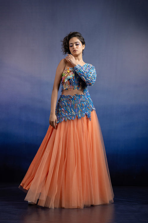 Peach One Shoulder Lehenga Set with Cerulean Hand Embroidery