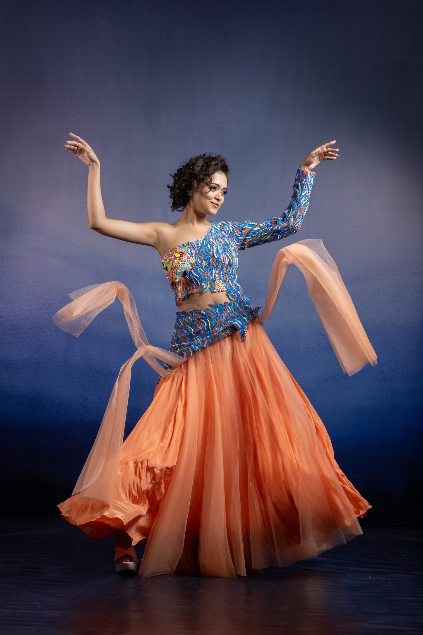 Peach One Shoulder Lehenga Set with Cerulean Hand Embroidery