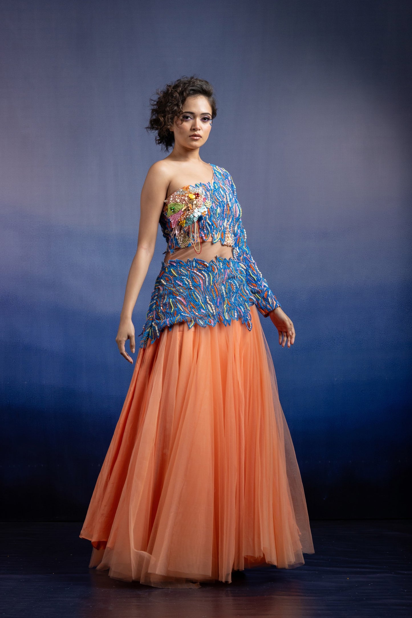 Peach One Shoulder Lehenga Set with Cerulean Hand Embroidery