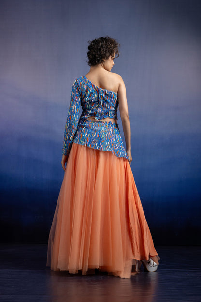 Peach One Shoulder Lehenga Set with Cerulean Hand Embroidery