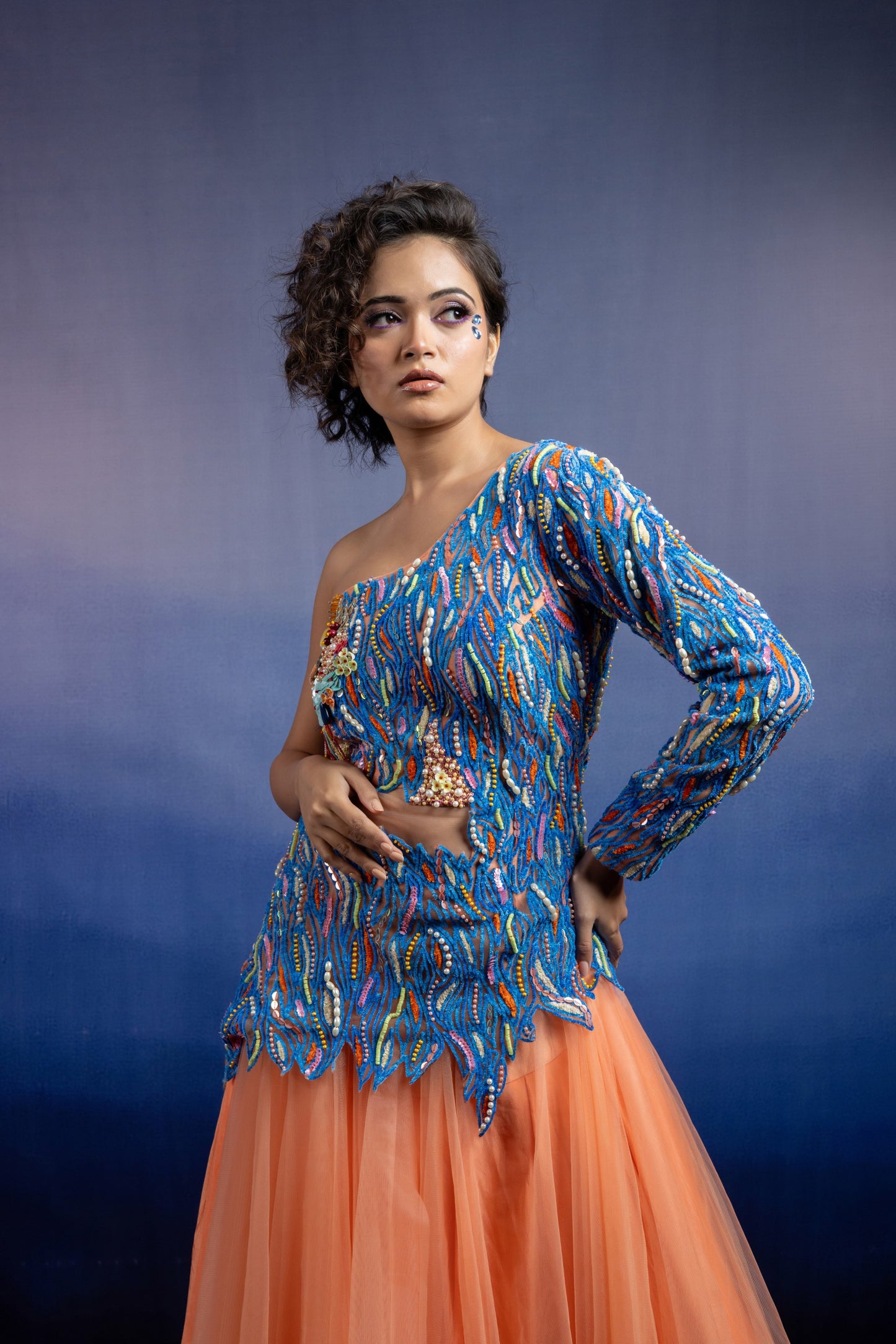 Peach One Shoulder Lehenga Set with Cerulean Hand Embroidery