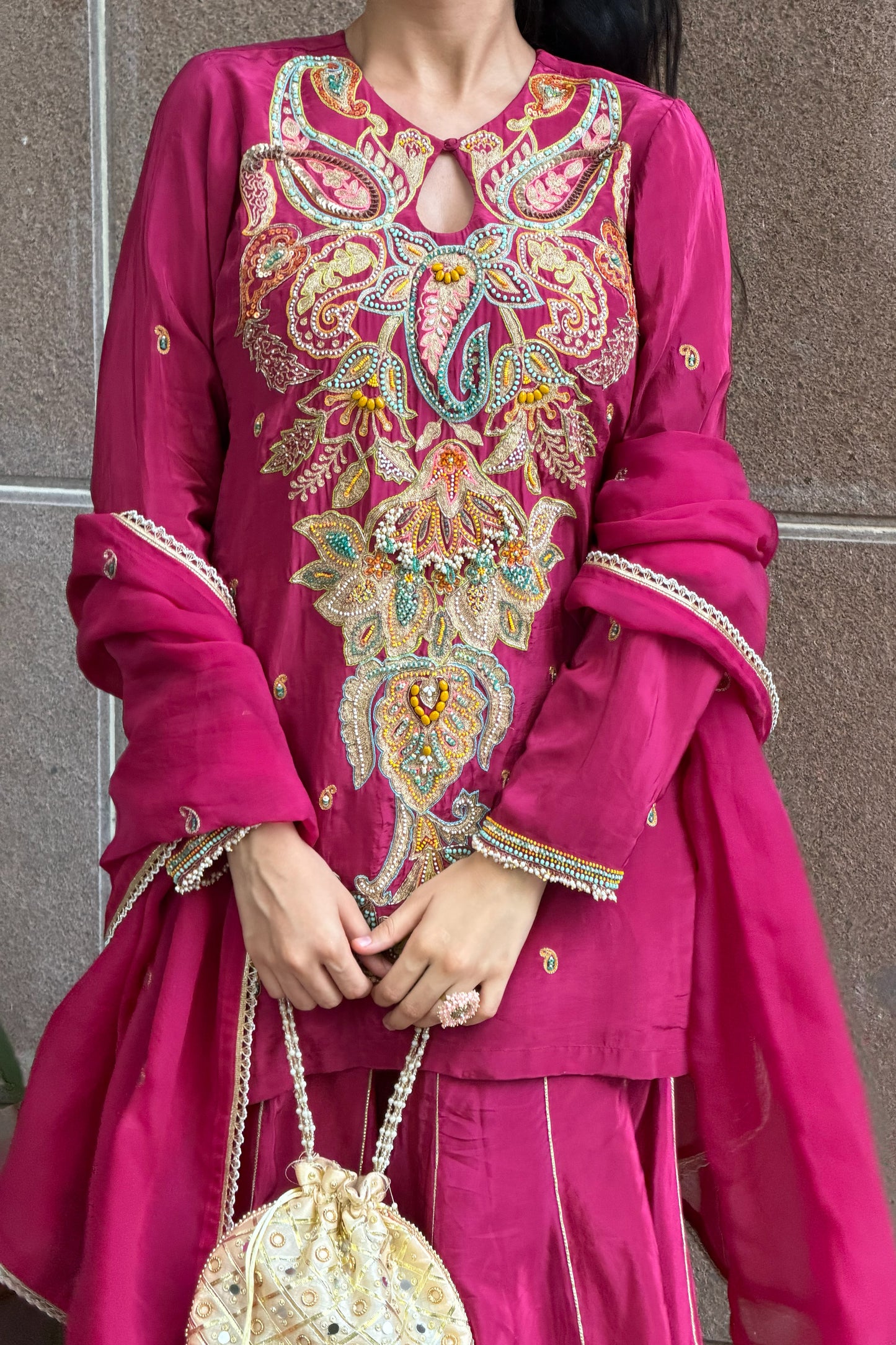 Keyhole Kurti & Palazzo Set — Hand-Embroidered Natural Crepe Three-Piece Suit in Mulberry