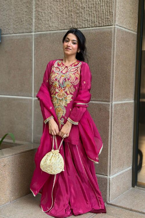 Keyhole Kurti & Palazzo Set — Hand-Embroidered Natural Crepe Three-Piece Suit in Mulberry