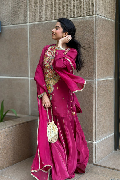 Keyhole Kurti & Palazzo Set — Hand-Embroidered Natural Crepe Three-Piece Suit in Mulberry