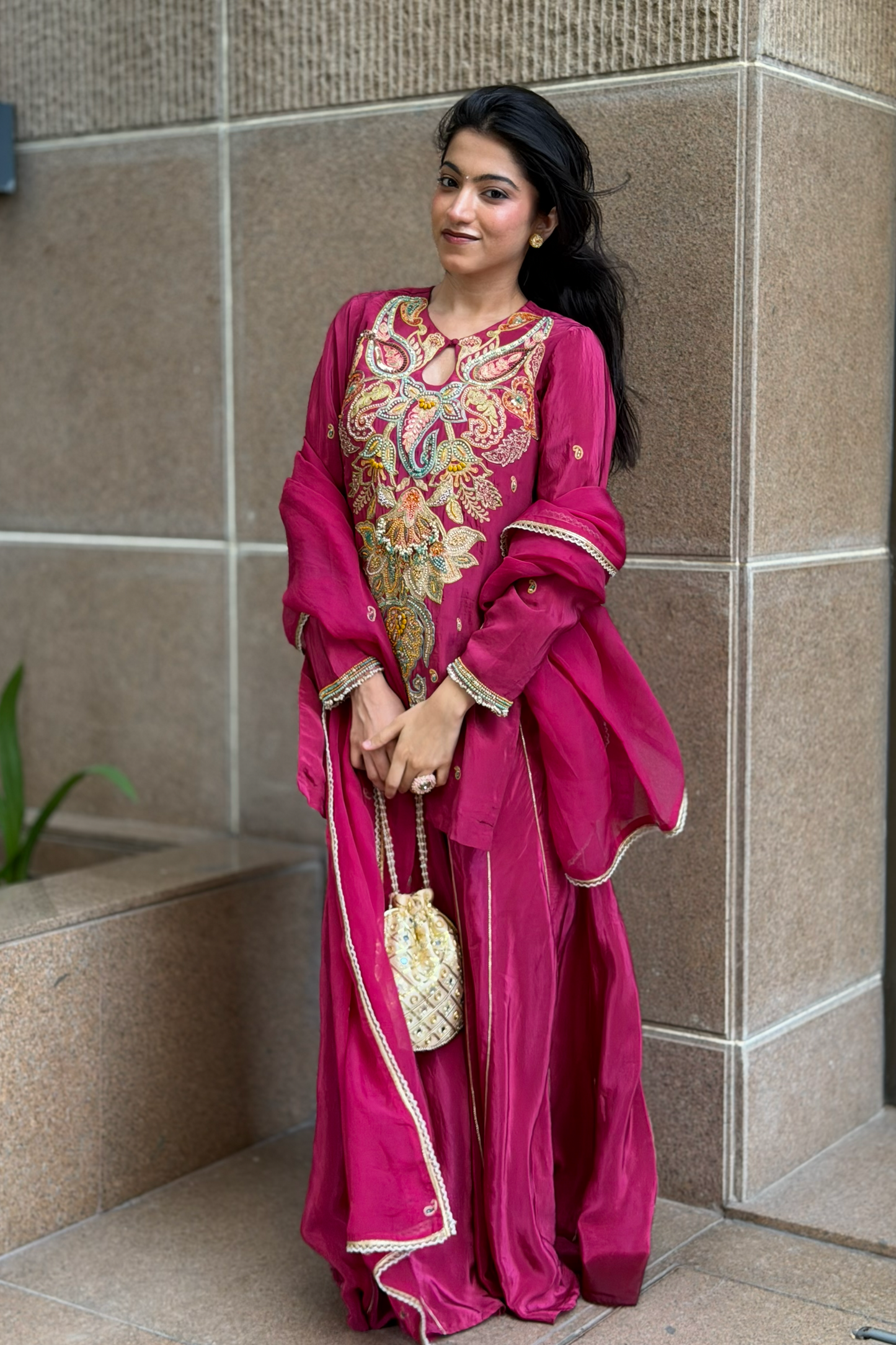 Keyhole Kurti & Palazzo Set — Hand-Embroidered Natural Crepe Three-Piece Suit in Mulberry