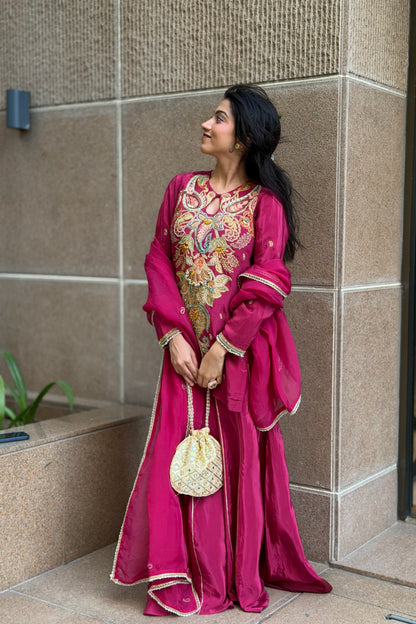Keyhole Kurti & Palazzo Set — Hand-Embroidered Natural Crepe Three-Piece Suit in Mulberry