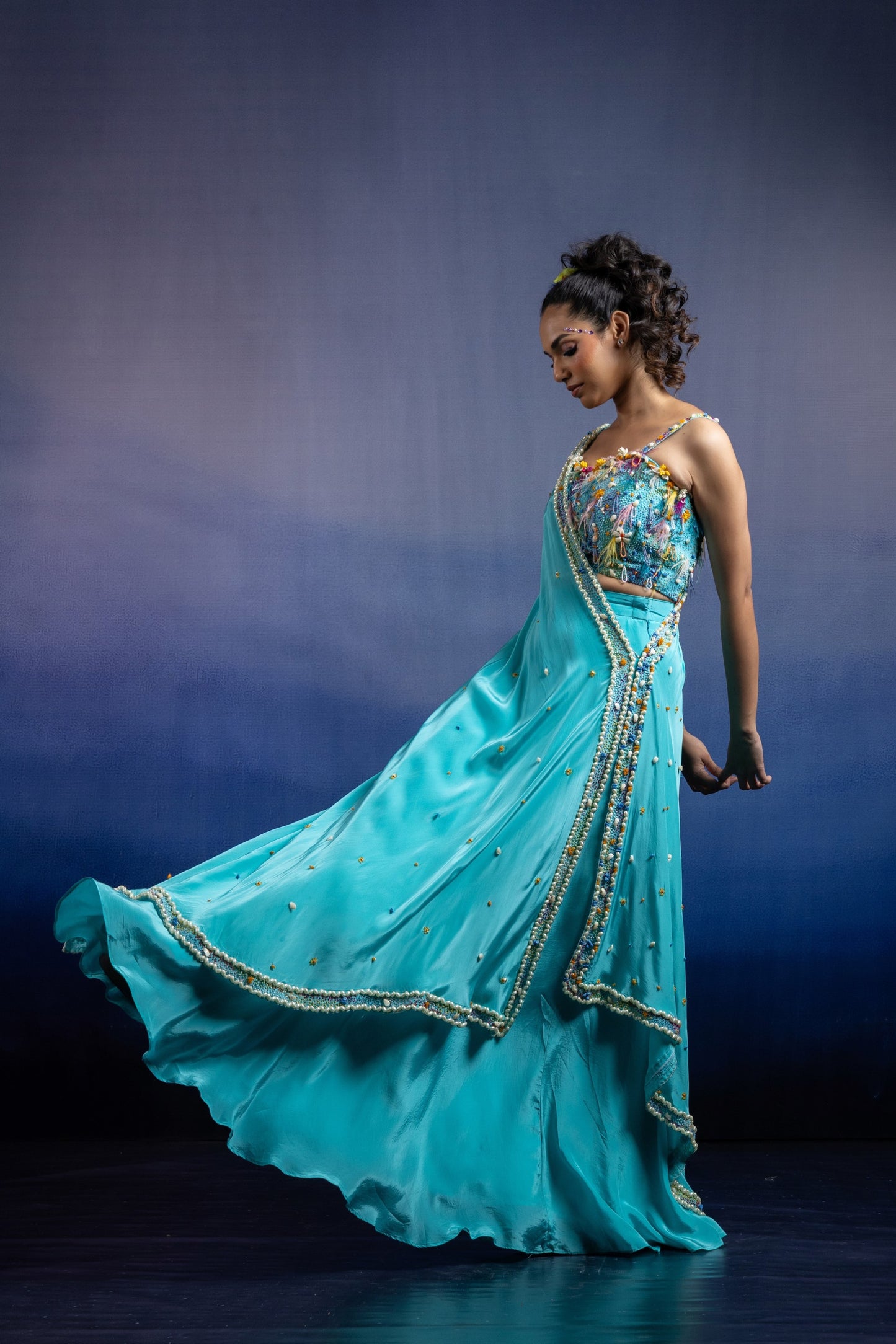 Aqua Carnival Lehenga set with Draped Dupatta