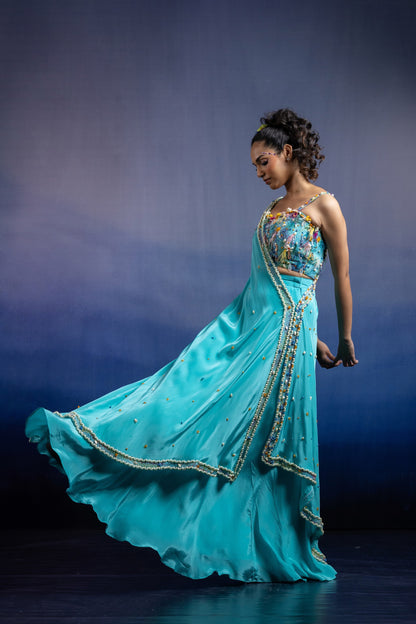 Aqua Carnival Lehenga set with Draped Dupatta