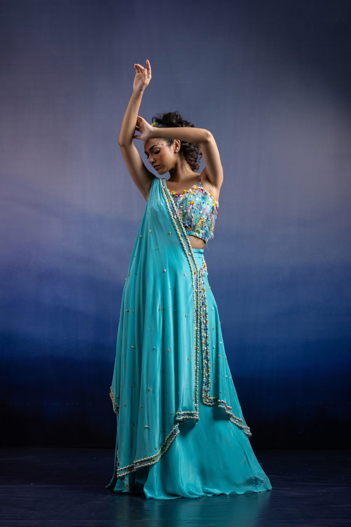Aqua Carnival Lehenga set with Draped Dupatta