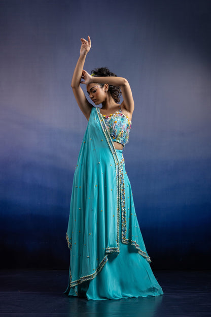 Aqua Carnival Lehenga set with Draped Dupatta