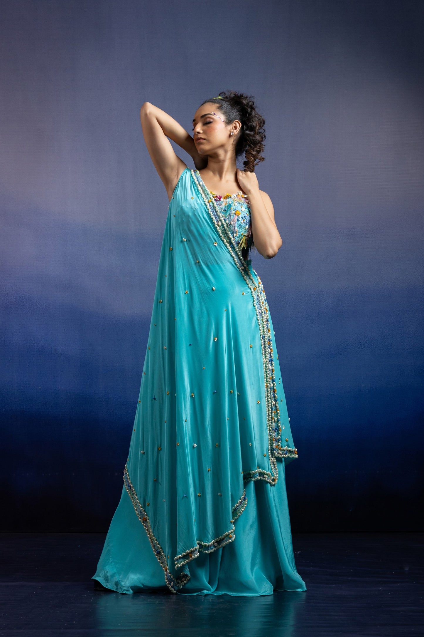Aqua Carnival Lehenga set with Draped Dupatta