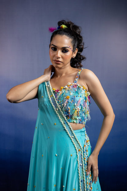Aqua Carnival Lehenga set with Draped Dupatta