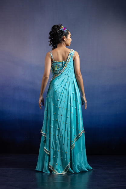 Aqua Carnival Lehenga set with Draped Dupatta