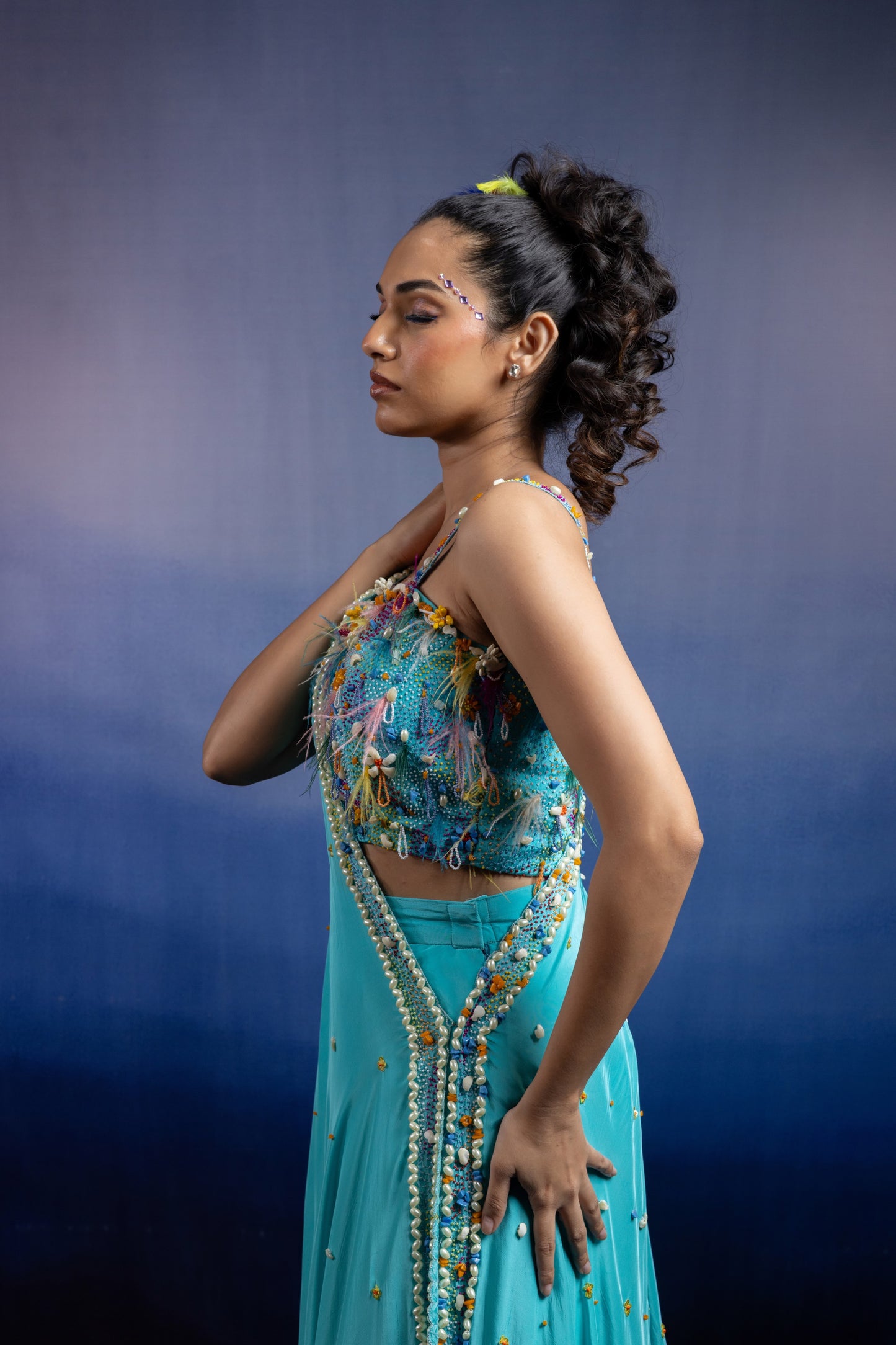 Aqua Carnival Lehenga set with Draped Dupatta