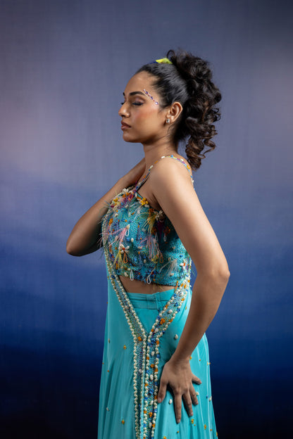 Aqua Carnival Lehenga set with Draped Dupatta