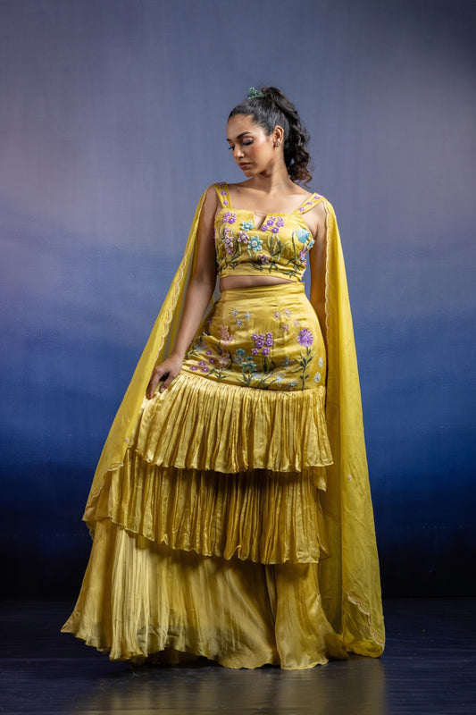 Lime Yellow Fish Cut Lehenga with 3D Floral Hand Embroidery