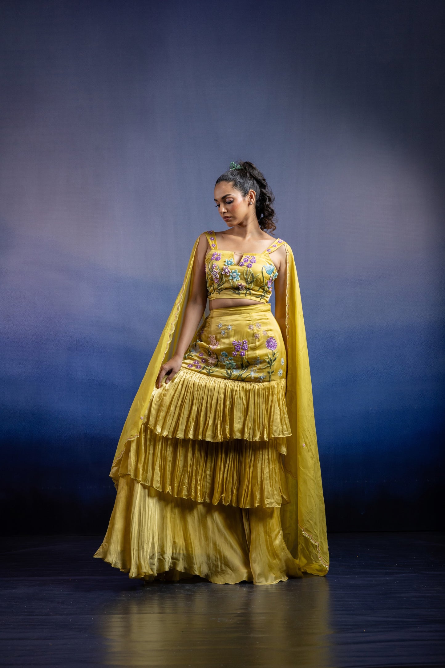 Lime Yellow Fish Cut Lehenga with 3D Floral Hand Embroidery