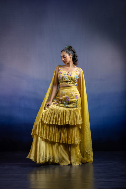 Lime Yellow Fish Cut Lehenga with 3D Floral Hand Embroidery