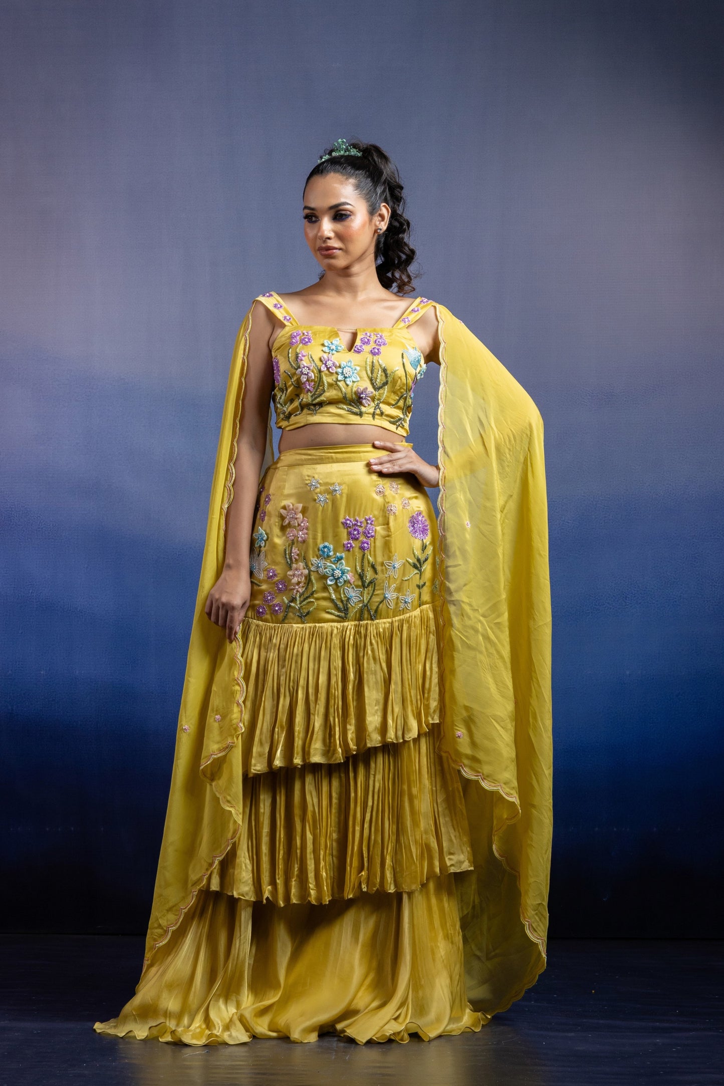 Lime Yellow Fish Cut Lehenga with 3D Floral Hand Embroidery