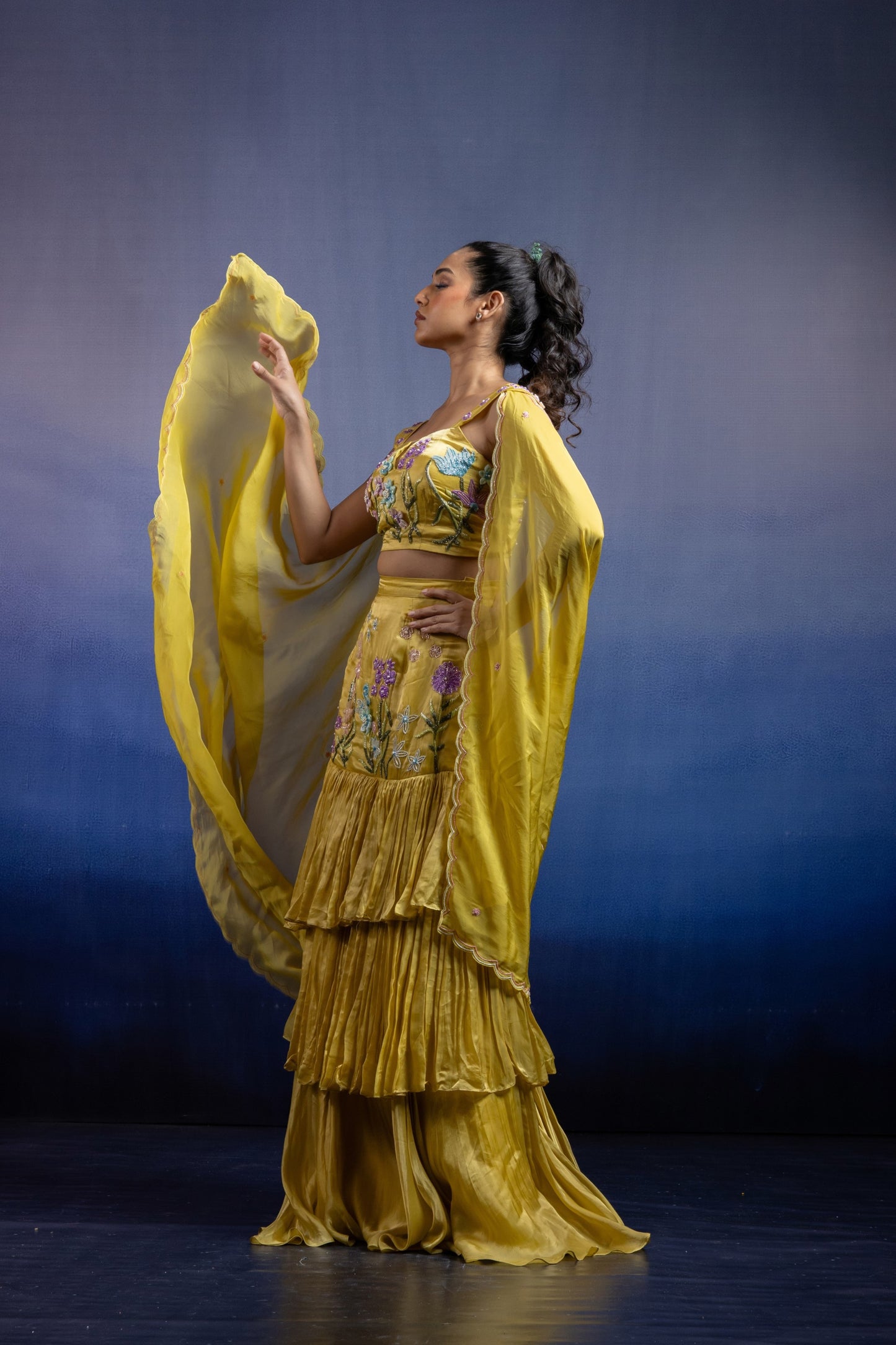 Lime Yellow Fish Cut Lehenga with 3D Floral Hand Embroidery