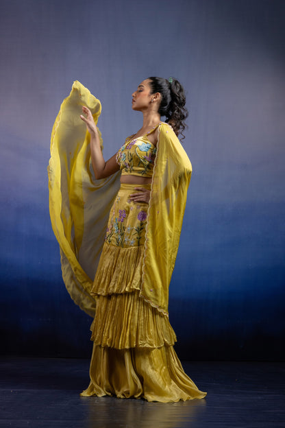 Lime Yellow Fish Cut Lehenga with 3D Floral Hand Embroidery