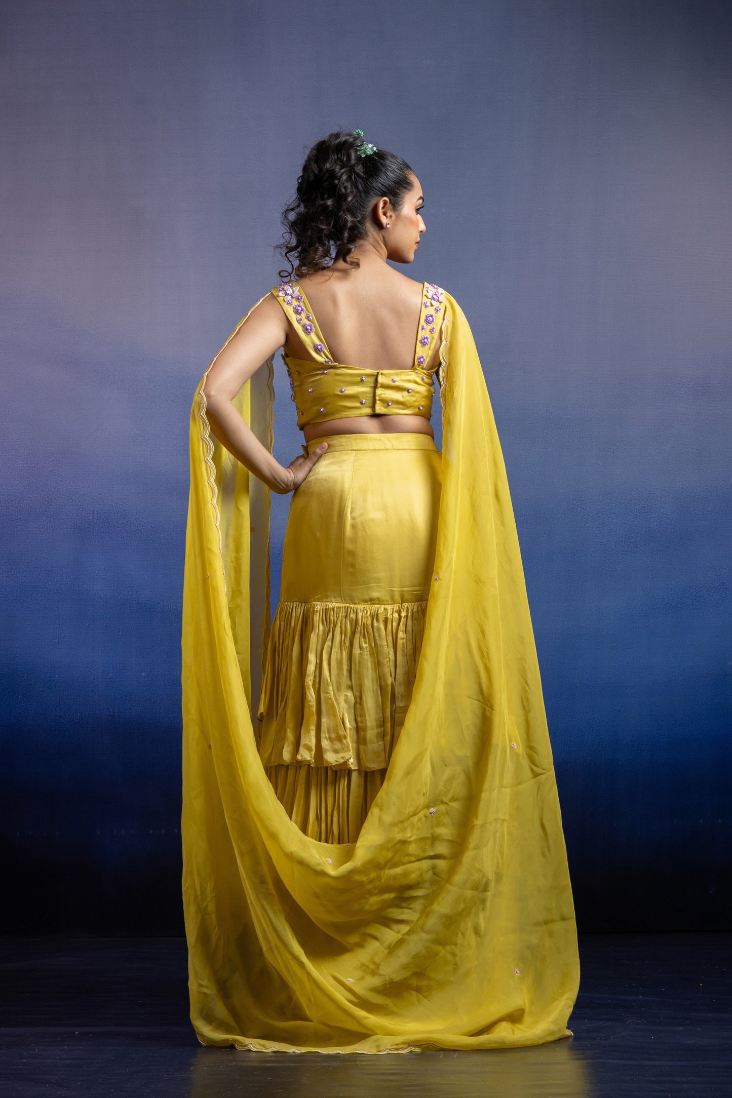 Lime Yellow Fish Cut Lehenga with 3D Floral Hand Embroidery