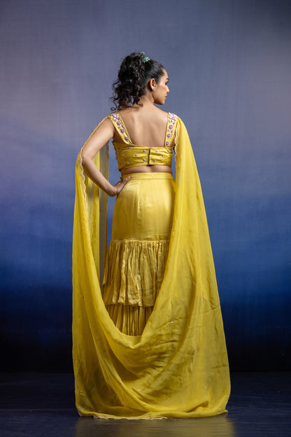Lime Yellow Fish Cut Lehenga with 3D Floral Hand Embroidery