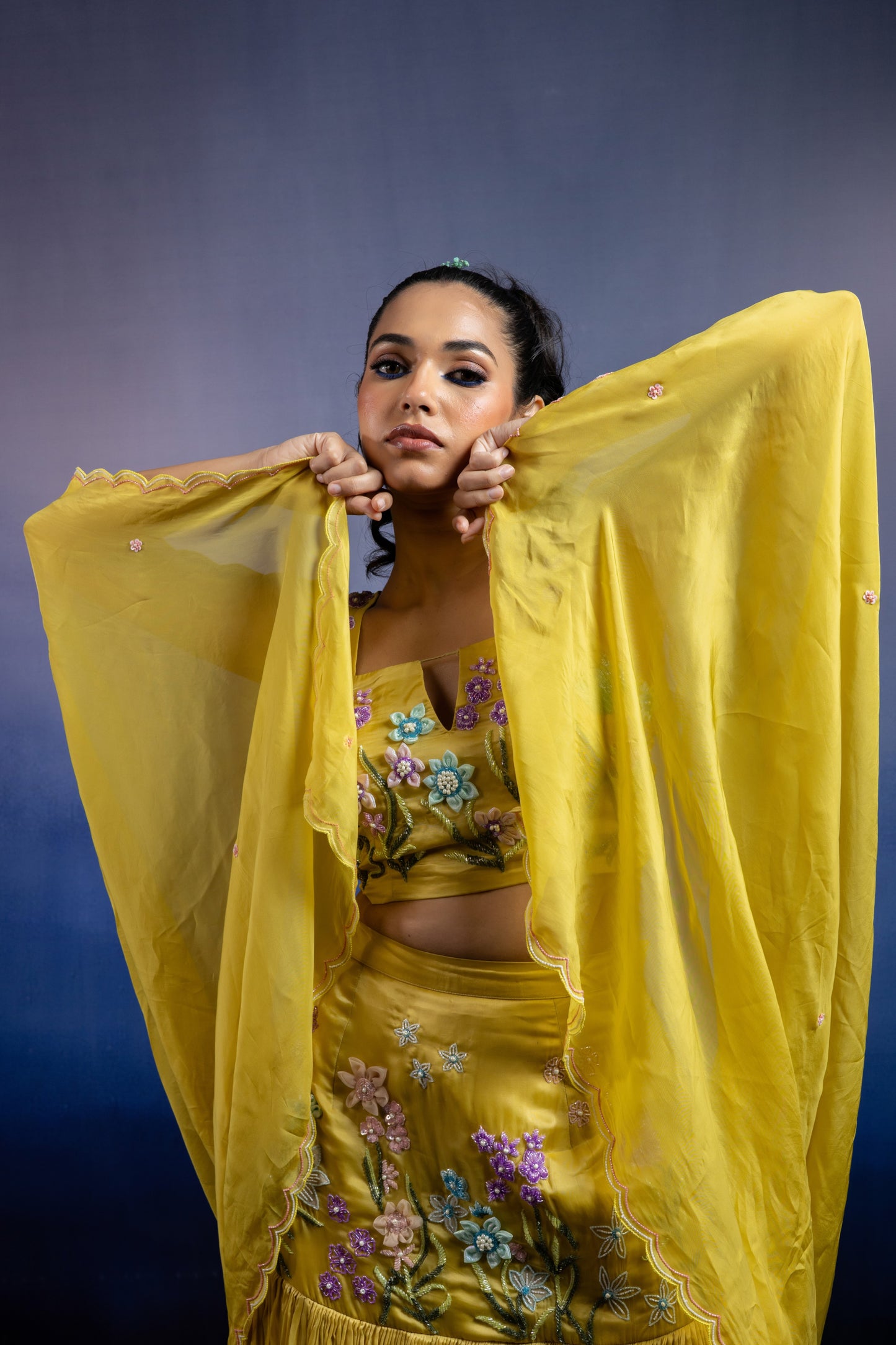 Lime Yellow Fish Cut Lehenga with 3D Floral Hand Embroidery