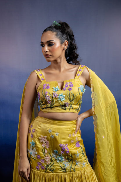 Lime Yellow Fish Cut Lehenga with 3D Floral Hand Embroidery